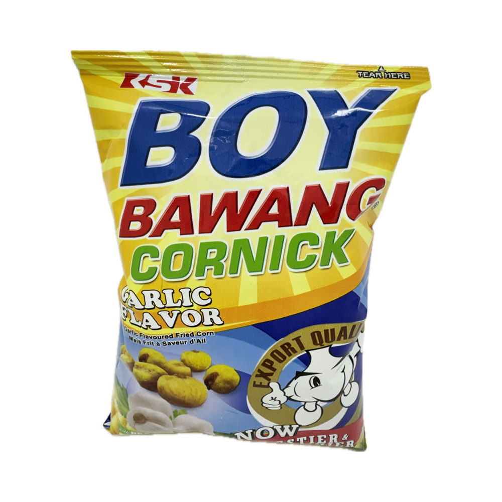 Boy Bawang Garlic 90g – crispy Filipino corn snack with rich garlic flavor. Bold, savory, and perfectly crunchy for snack lovers.
