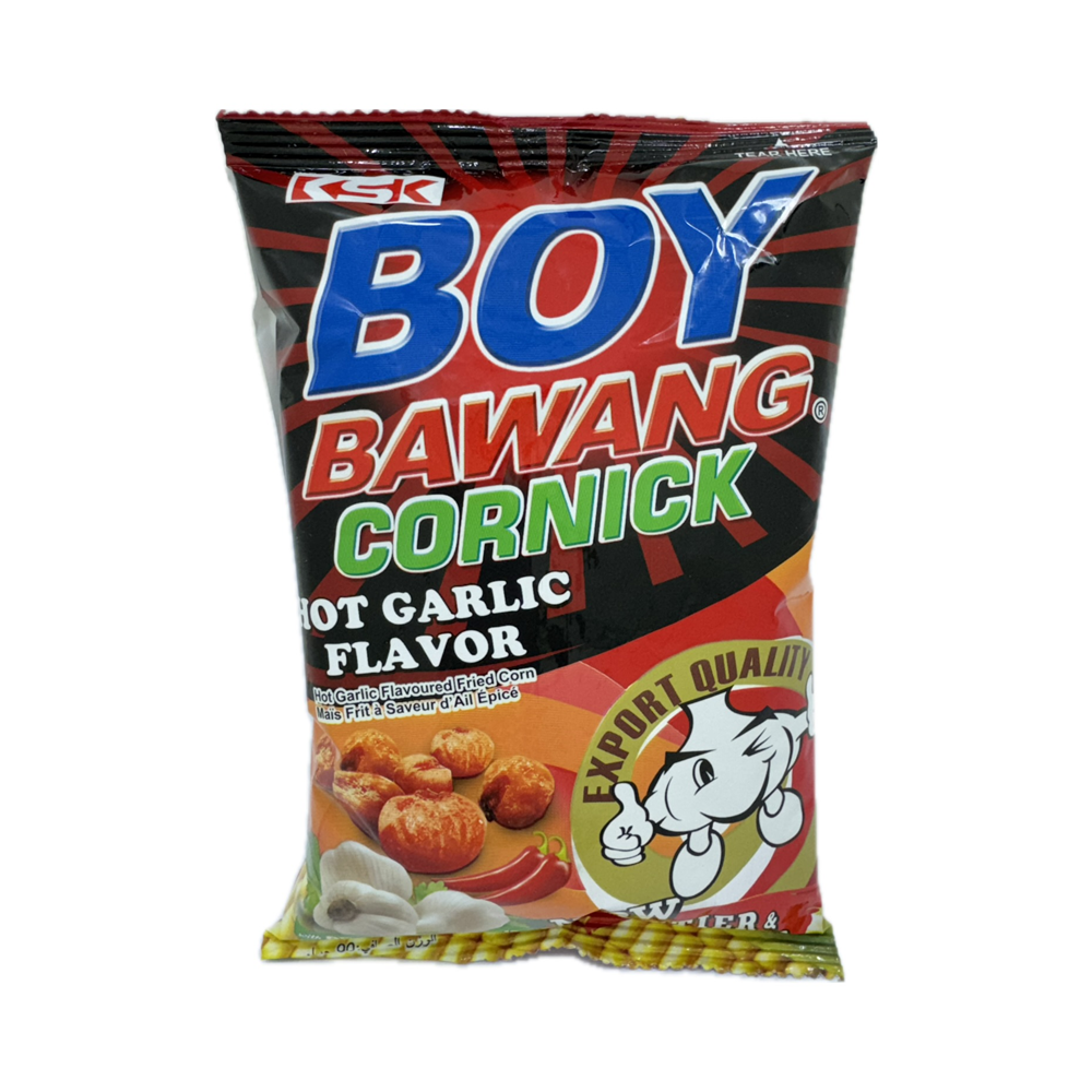 Boy Bawang Hot Garlic 90g – crunchy Filipino corn snack with bold hot garlic flavor. Spicy, savory, and addictive.