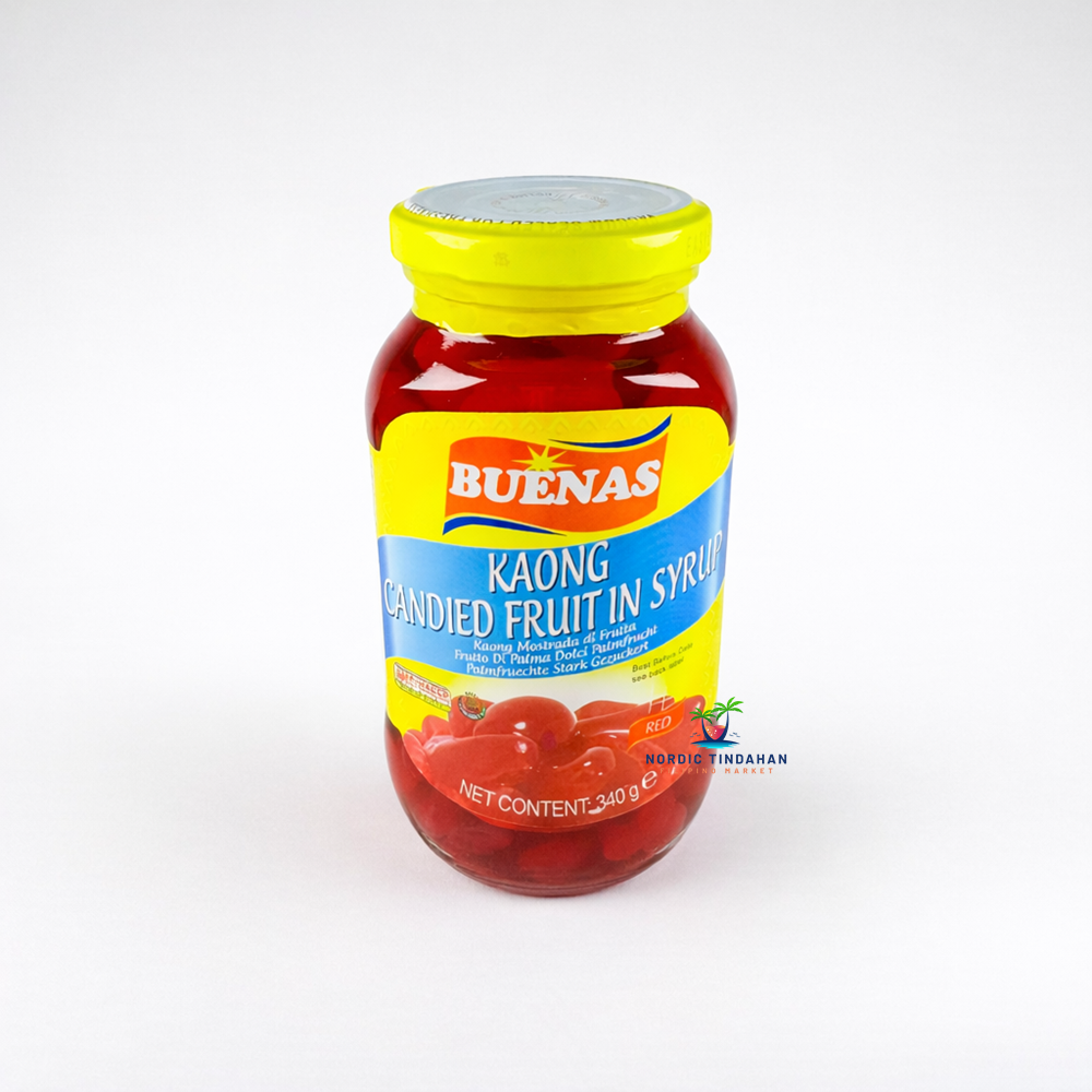Buenas Kaong Candied Fruit in Syrup Red 340 g – sweetened palm fruit in syrup, Filipino dessert ingredient in a glass jar.