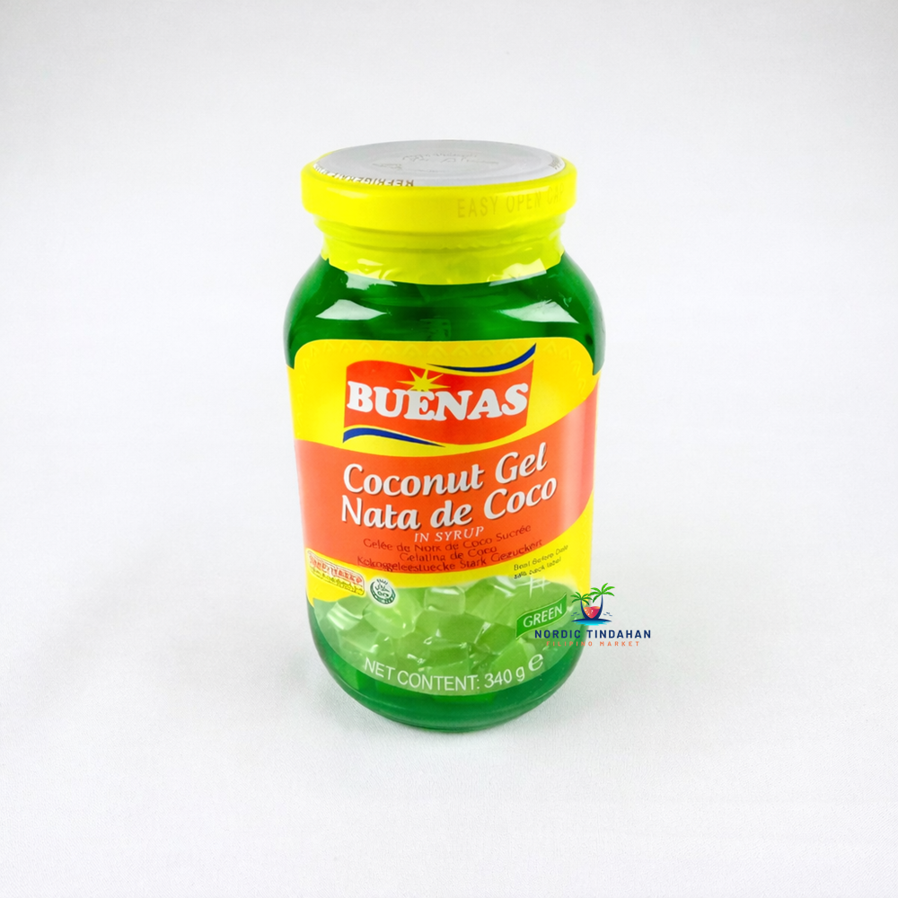 Buenas Coconut Gel Nata de Coco in Syrup, green coconut jelly cubes in a glass jar, 340 g.