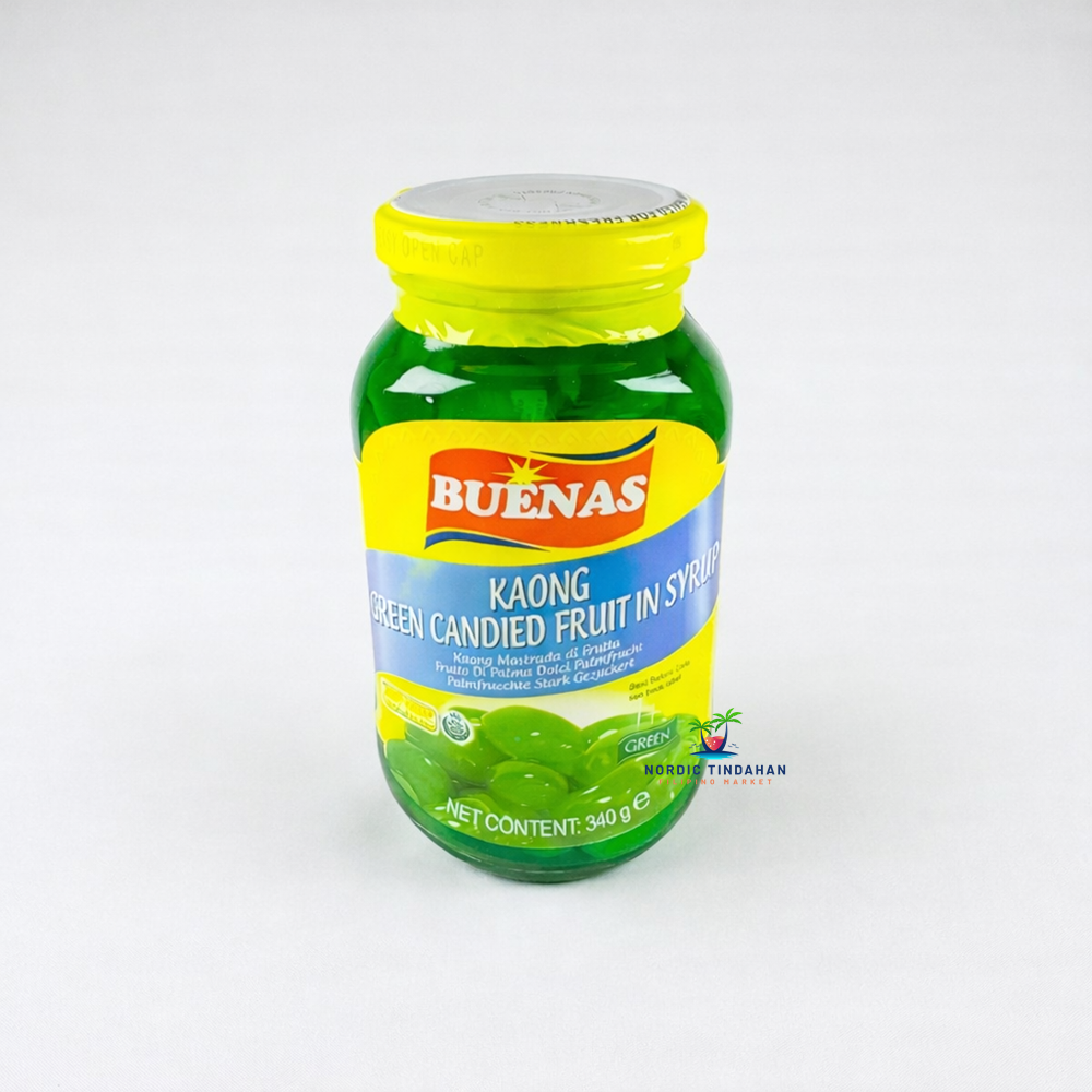 Buenas Kaong Green Candied Fruit in Syrup, green sugar palm fruit pieces in a glass jar.