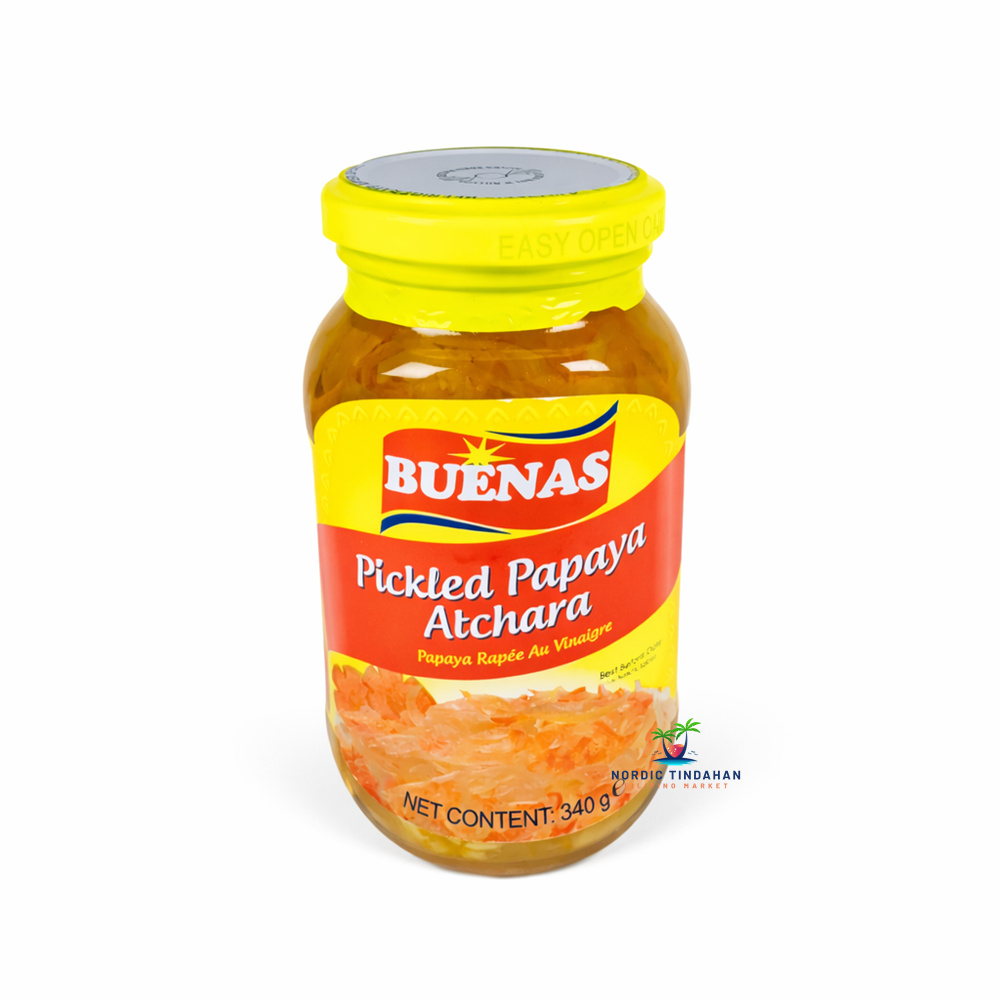 Buenas Pickled Papaya Atchara – sweet and tangy Filipino pickled papaya relish, perfect as a side dish or condiment.
