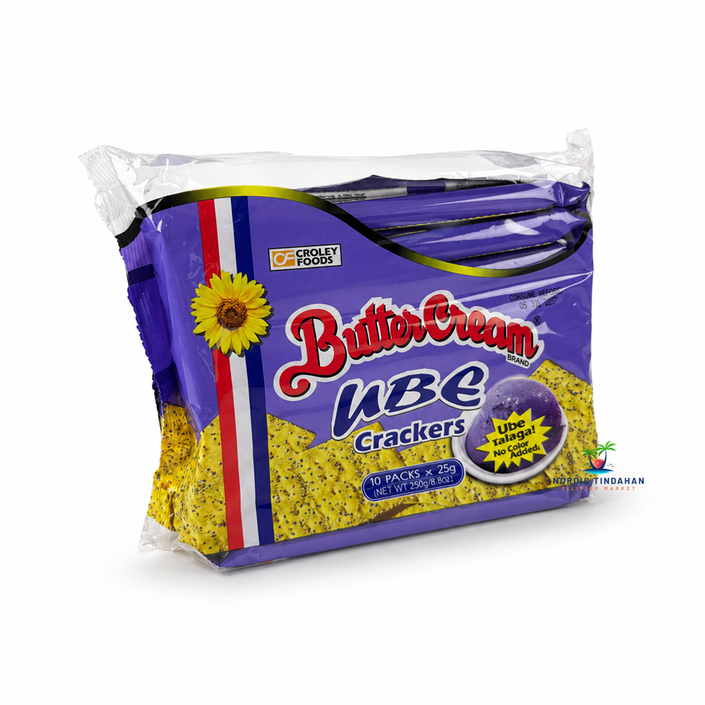 Butter Cream Ube Crackers 250g are deliciously crisp Filipino snack crackers infused with the unique, slightly sweet flavor of purple yam (ube). Packed in convenient individual portions, these crackers are perfect for on-the-go snacking, lunchboxes, or sharing. Enjoy a light, crunchy texture with a subtle creamy ube taste in every bite.
