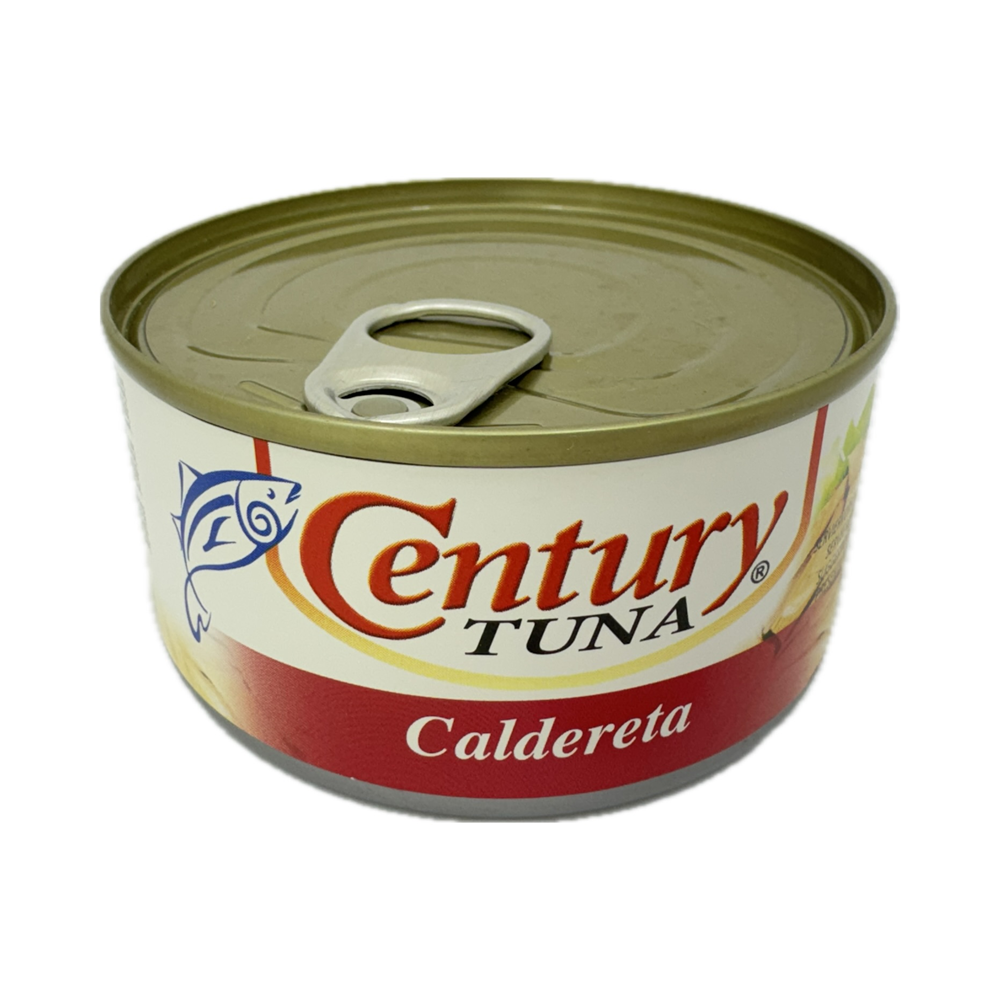 Century Tuna Caldereta 180g – Tender tuna flakes in a rich tomato-based caldereta sauce, featuring vegetables like potatoes, carrots, and green peas.