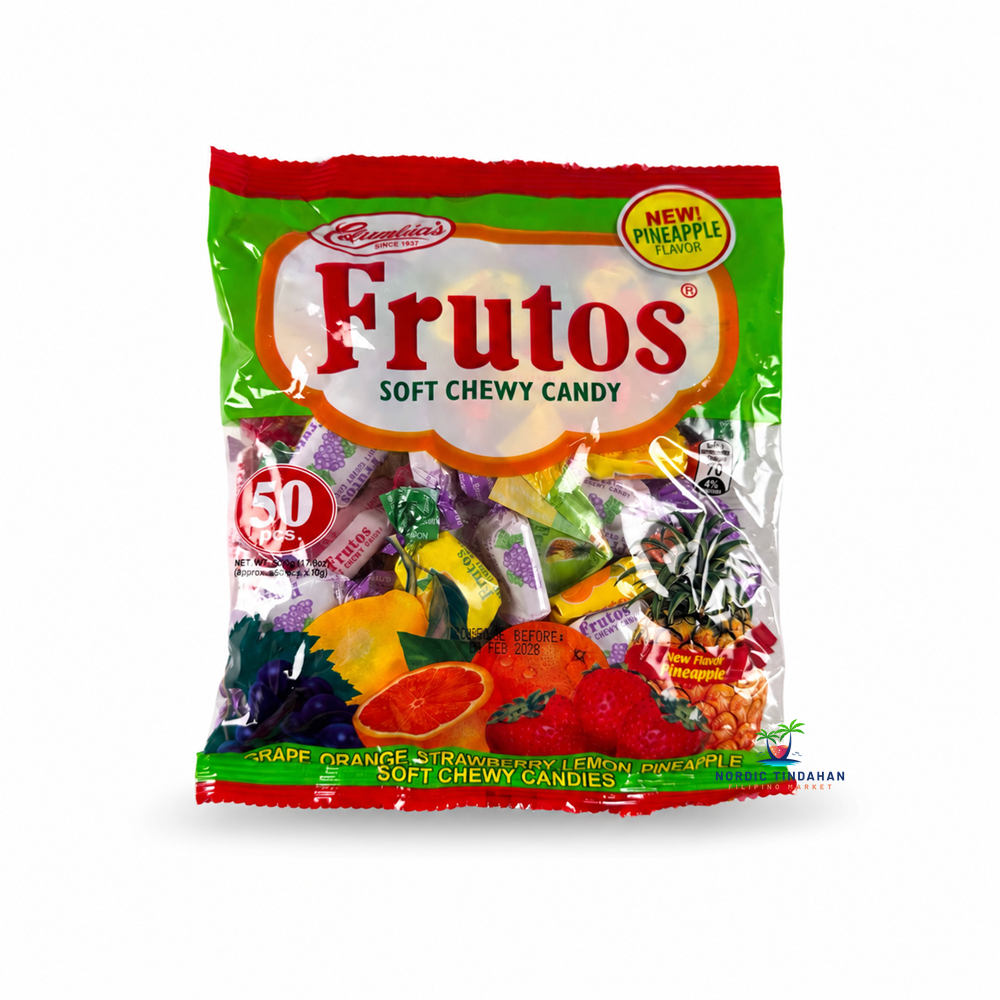 Enjoy Lala’s Frutos Soft Chewy Candy, a colorful mix of fruity Filipino sweets featuring grape, orange, strawberry, lemon and pineapple flavors. This 50-piece candy bag is perfect for sharing with family and friends or enjoying as a sweet treat. Discover Filipino candies at Nordic Tindahan, your Filipino online store in Finland.