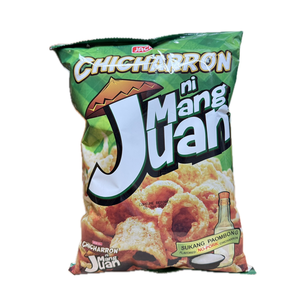 Jack ’n Jill Mang Juan Chicharon Sukang Paombong 90g pack, crunchy pork rind snack with vinegar flavor, perfect for snacking