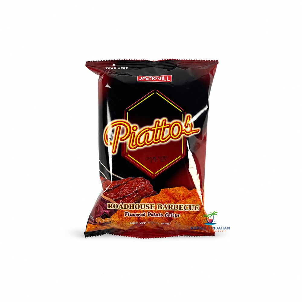 Jack 'n Jill Piattos Roadhouse Barbecue Flavored Potato Crisps are crispy hexagon-shaped potato chips seasoned with a bold, smoky barbecue flavor. Made from real potatoes and packed with rich savory taste, they are perfect for snacking at home, sharing with friends, or enjoying on the go. A popular Filipino snack loved for its satisfying crunch and intense flavor.