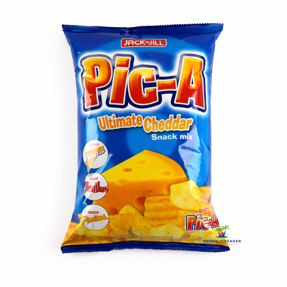 Jack ’n Jill Pic-A Ultimate Cheddar Snack Mix – crunchy snack mix with rich cheddar cheese flavor, combining different crispy snacks in one pack.