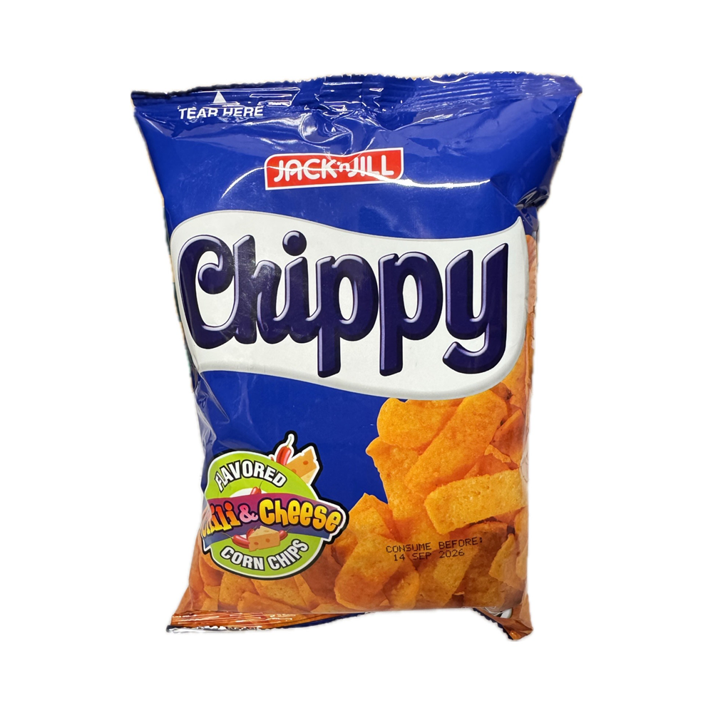 JJ Chippy Chili Cheese 110g – crunchy corn chips with spicy chili cheese flavor, popular Filipino snack