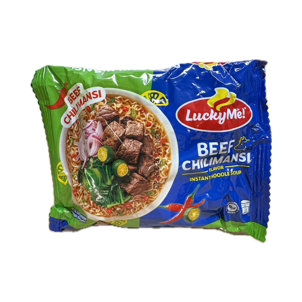 Lucky Me Beef Chilimansi 53g pack, spicy and tangy instant noodles with beef flavor and calamansi twist