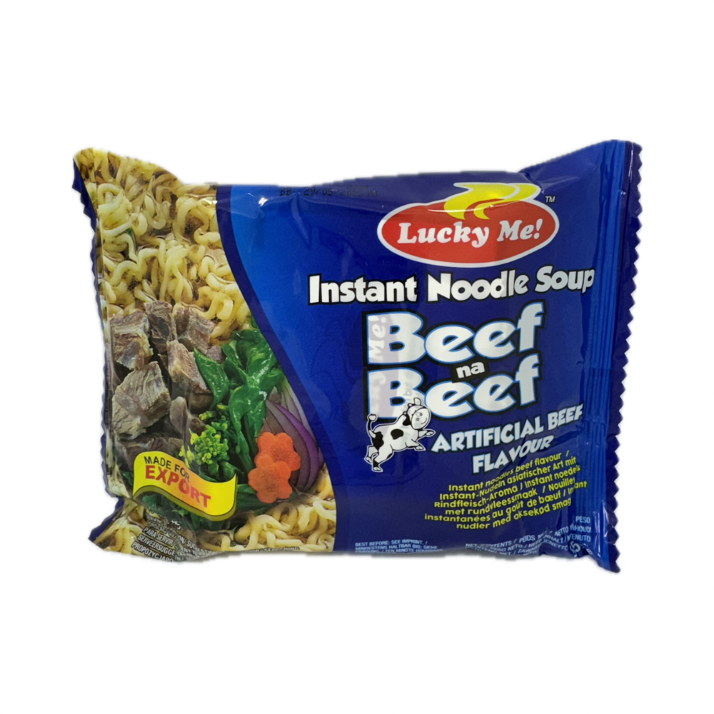 Lucky Me Noodles Beef 55g – savory Filipino instant noodles with rich beef flavor. Ideal for a quick and tasty snack or light meal.