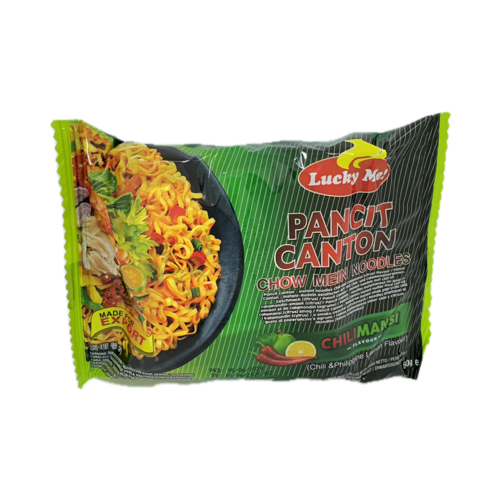 Lucky Me Pancit Canton Chilimansi 60g – Filipino-style noodles with a tangy chili and calamansi flavor, perfect for a quick, refreshing meal. Available online at Nordic Tindahan.