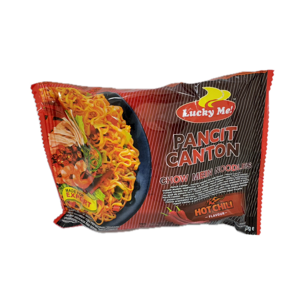 Lucky Me Pancit Canton Hot Chili 60g – Filipino-style noodles with a spicy chili flavor, ready in minutes. Perfect for a quick, savory meal. Available online at Nordic Tindahan.