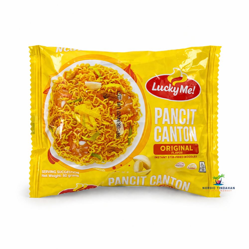Lucky Me Pancit Canton Original 80g pack, classic Filipino instant stir-fried noodles with savory seasoning