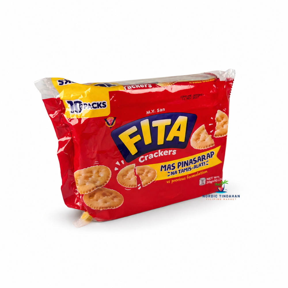 Enjoy M.Y. San FITA Crackers, a popular Filipino cracker snack with a light, crispy texture and a delicious savory taste. This convenient 10-pack is perfect for lunchboxes, quick snacks, or sharing with family. Shop Filipino snacks at Nordic Tindahan, your Filipino online store in Finland.