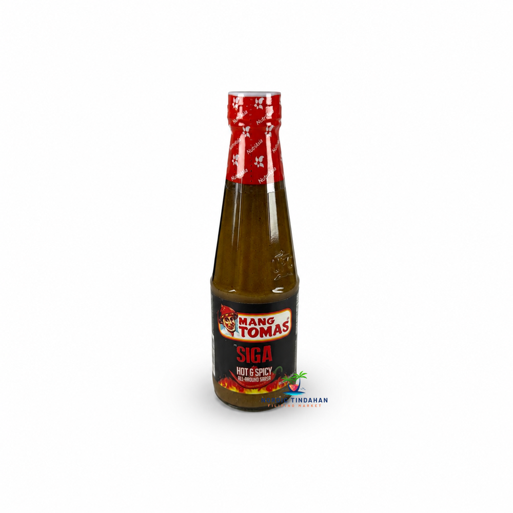 Mang Tomas Siga Hot & Spicy All-Around Sarsa is a bold Filipino all-purpose sauce with a rich savory flavor and an extra spicy kick. Ideal for lechon, roasted meats, grilled dishes, fried foods, and as a dipping sauce or marinade.