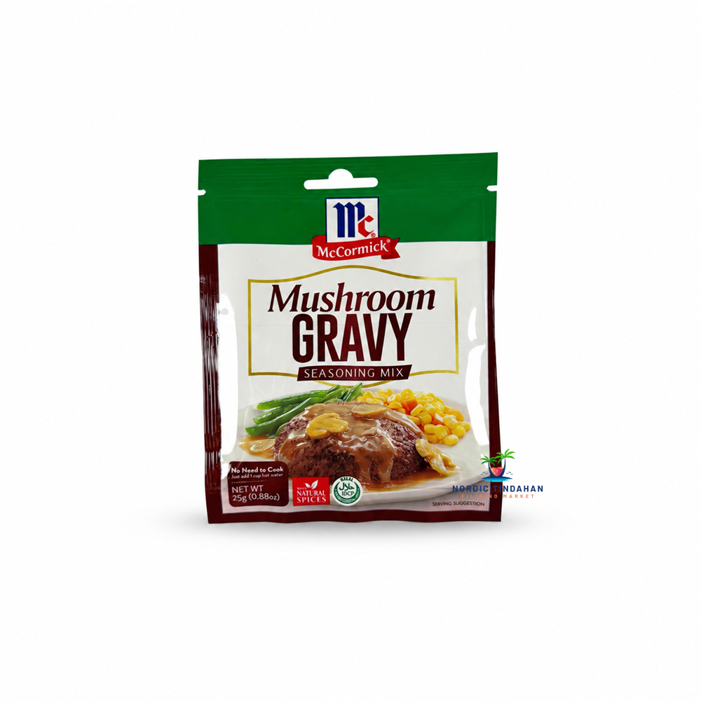 McCormick Mushroom Gravy Seasoning Mix is a convenient 25g packet for preparing rich and savory mushroom gravy. Perfect for meat, vegetables, mashed potatoes and other home-cooked dishes.