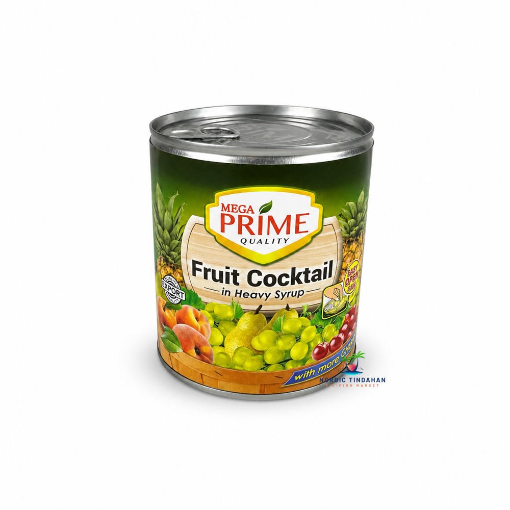 Enjoy a delicious blend of tropical fruits with Mega Prime Fruit Cocktail in Heavy Syrup 836g. Packed with juicy mixed fruits in rich syrup, it's perfect for fruit salads, halo-halo, desserts, cakes, or enjoyed straight from the can. A versatile pantry staple for sweet Filipino treats.