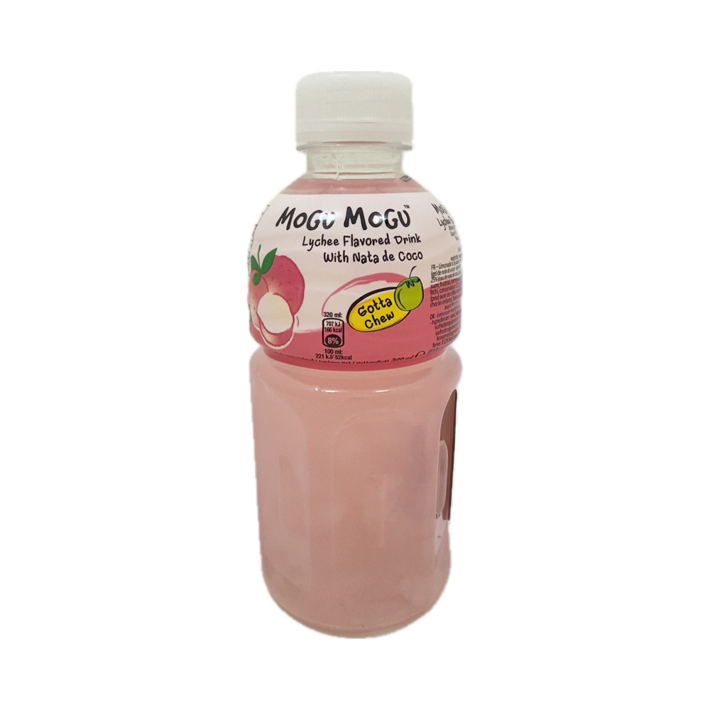 Mogu Mogu Lychee 320ml – A refreshing lychee-flavored drink with chewy nata de coco chunks, offering a tropical taste experience.
