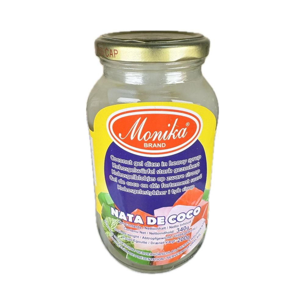 Nata de Coco White 340g jar, sweet and chewy coconut gel ideal for desserts, beverages, and fruit salads