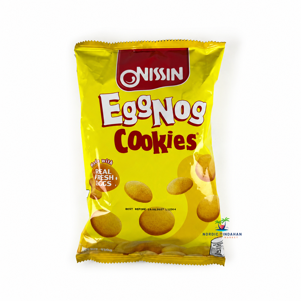 Nissin Eggnog Cookies 130 g are delicious Filipino cookies made with real fresh eggs for a rich and creamy flavor. These lightly crisp biscuits are perfect for enjoying with coffee, tea, or as a sweet snack anytime. A popular classic among fans of Asian treats.