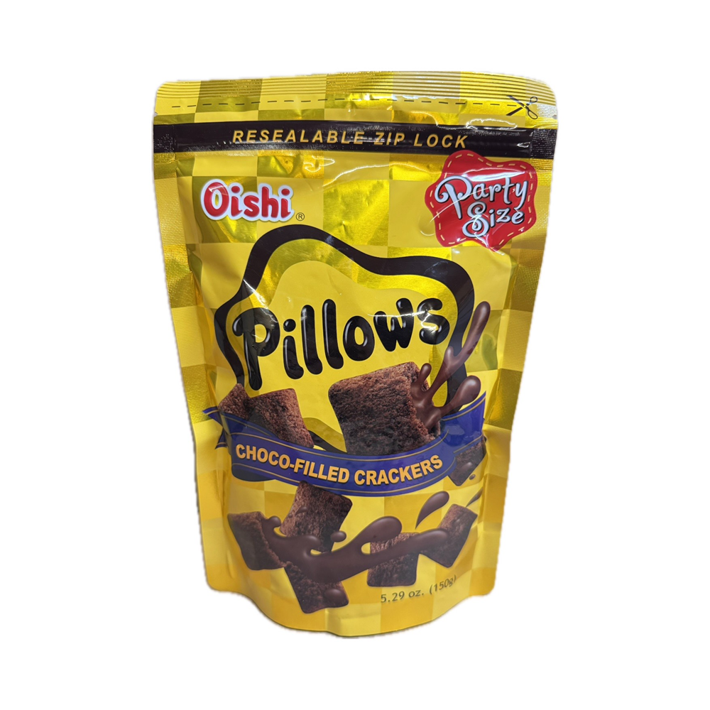 Bag of Oishi Pillows, crunchy pillows filled with creamy chocolate filling.