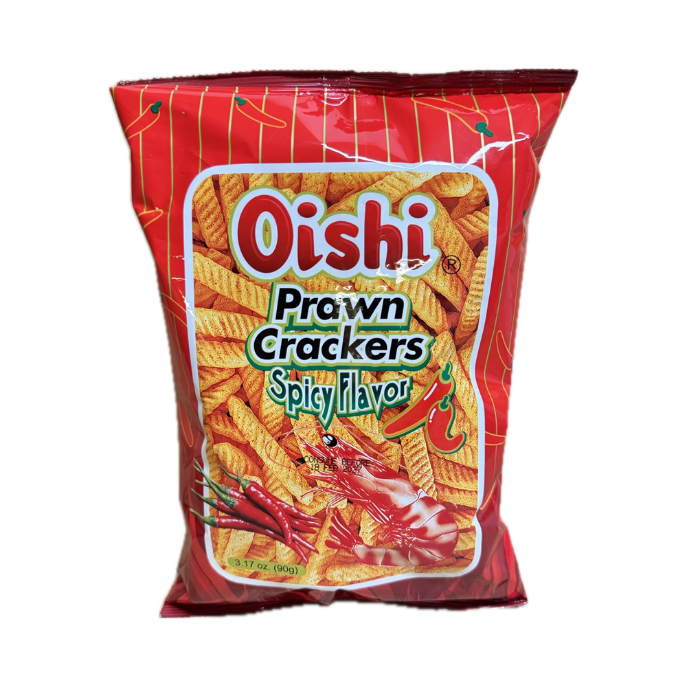 Bag of Oishi spicy prawn crackers, crunchy seafood snack with a spicy kick.