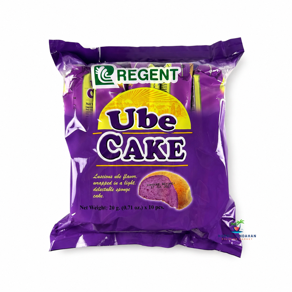 Regent Ube Cake 200g is a soft and fluffy Filipino sponge cake snack with a rich and sweet purple yam (ube) flavor. Individually wrapped for freshness, these bite-sized cakes are perfect for snacks, desserts, or sharing. Enjoy the authentic taste of ube in a light, delicious treat made in the Philippines.