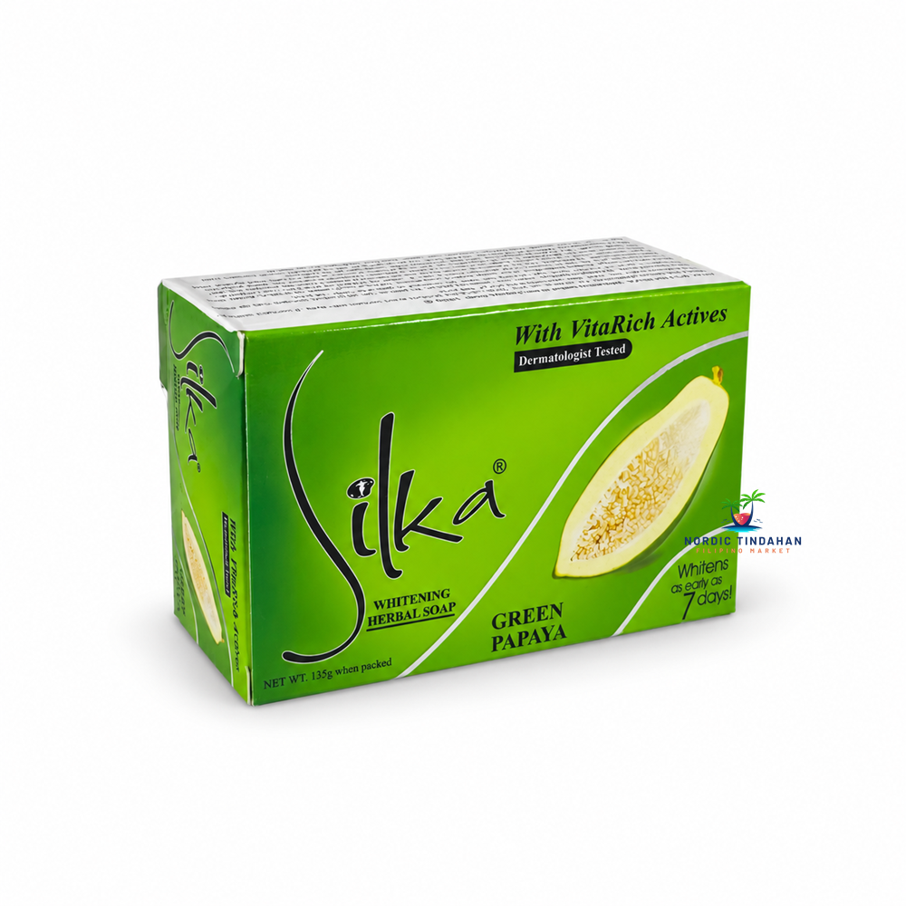 Silka Green Papaya Whitening Herbal Soap is a popular Filipino herbal soap enriched with green papaya. It provides a refreshing cleansing experience and is designed for everyday skincare. A well-known Filipino beauty and personal care product, ideal for those looking for authentic Filipino soap.