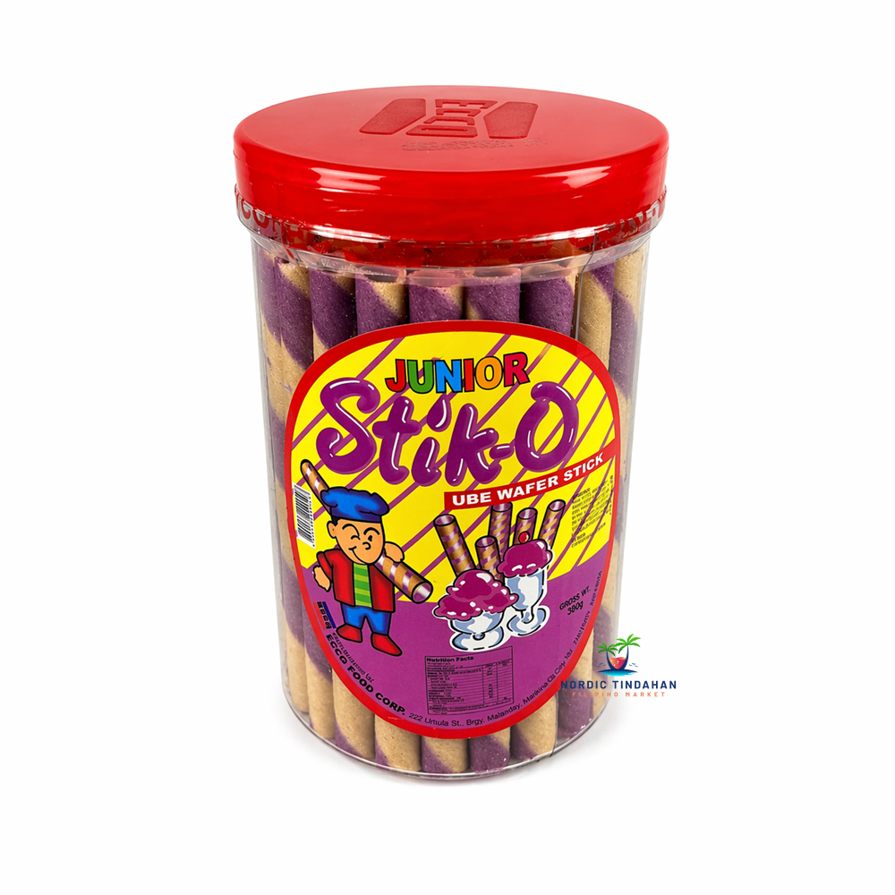 Jar of Stick-O ube (purple yam) wafer sticks, sweet and colorful Filipino treat.