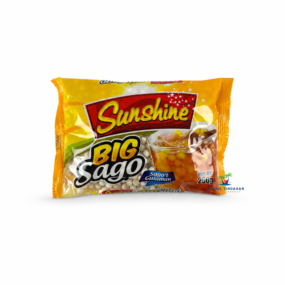 Create authentic Filipino desserts with Sunshine Big Sago 250g. These large tapioca pearls are perfect for making Sago't Gulaman, halo-halo, milk tea, and other refreshing sweet treats. Easy to cook and ideal for adding a chewy texture to your favorite beverages and desserts.