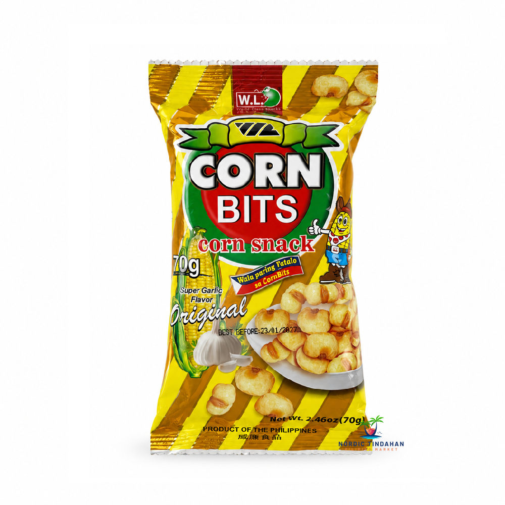 Enjoy the bold garlic flavor and satisfying crunch of W.L. Corn Bits Super Garlic Original 70g. Made from roasted corn kernels and seasoned with a savory garlic blend, this popular Filipino snack is perfect for sharing, movie nights, or enjoying anytime you crave a crunchy and flavorful treat.
