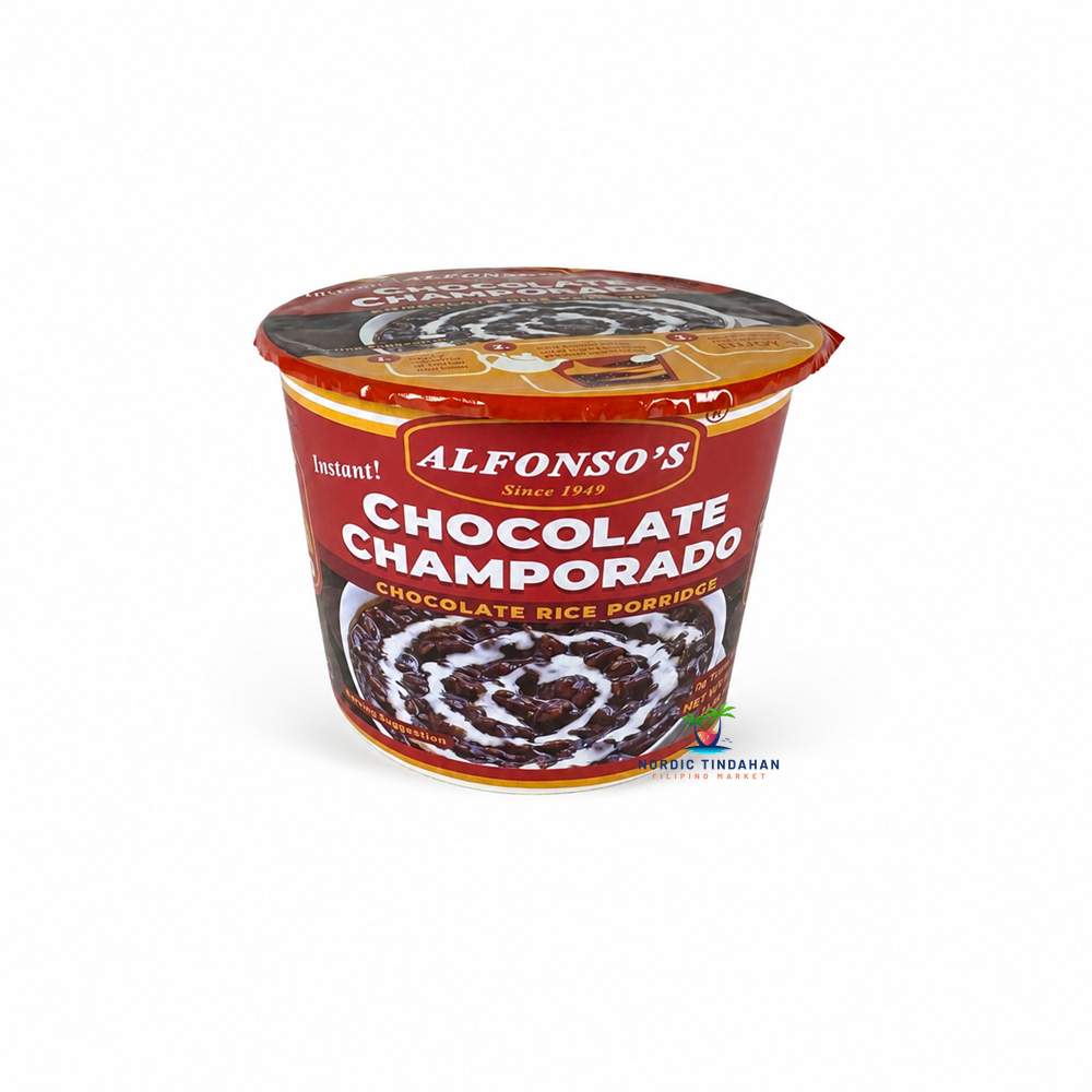 Alfonso's Instant Chocolate Champorado Chocolate Rice Porridge 60g is a convenient Filipino-style instant chocolate rice porridge. Rich, creamy, and made with chocolate flavor, it's quick to prepare and perfect for a comforting breakfast, snack, or traditional Filipino dessert.