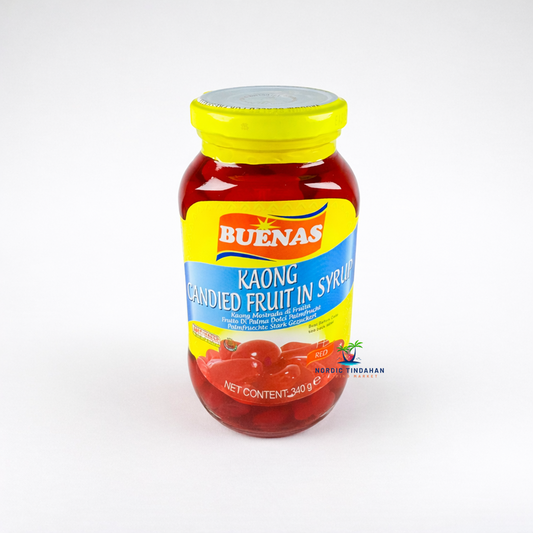 Buenas Kaong Candied Fruit in Syrup Red 340 g – sweetened palm fruit in syrup, Filipino dessert ingredient in a glass jar.