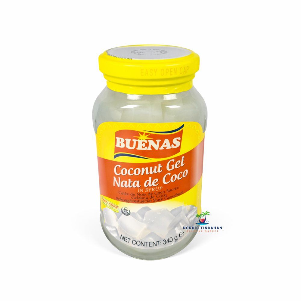 Buenas Nata de Coco 340g – sweet coconut gel cubes, perfect for desserts, fruit salads, and refreshing drinks.