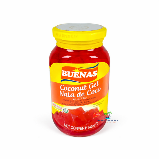 Buenas Coconut Gel with Red Jelly 340g – sweet nata de coco with red jelly cubes, ideal for desserts, fruit salads, and drinks.