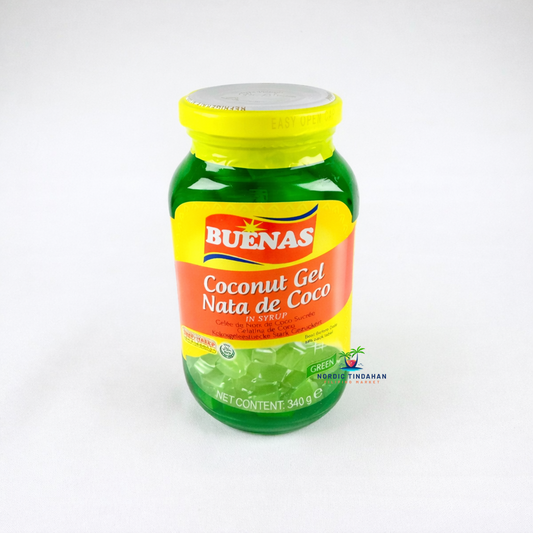 Buenas Coconut Gel Nata de Coco in Syrup, green coconut jelly cubes in a glass jar, 340 g.
