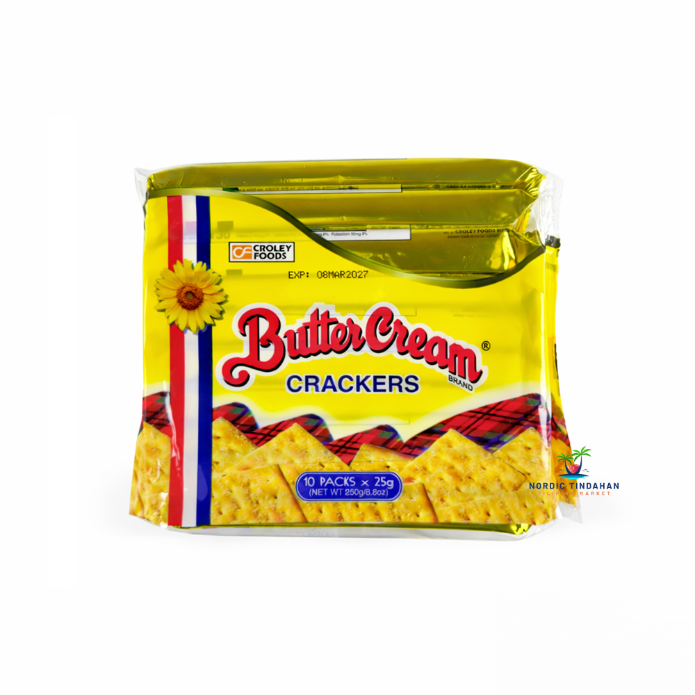 Butter Cream Crackers 10-pack (250g) – crispy baked crackers with a light buttery flavor, individually wrapped for convenient snacking.