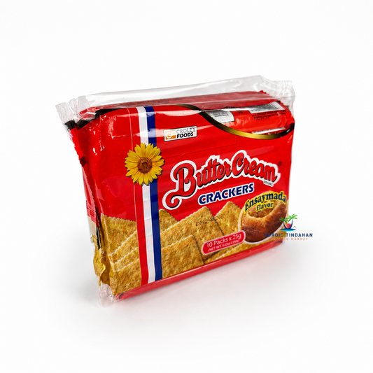 Butter Cream Crackers Ensaymada Flavor 10 x 25 g combines crispy crackers with the sweet buttery taste inspired by traditional Filipino ensaymada bread. Convenient individually packed portions make them perfect for snacks, coffee breaks, or on-the-go enjoyment. A delicious balance of sweet and savory flavors loved by Filipino snack fans.