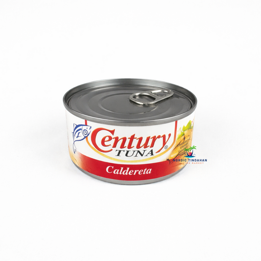 Century Tuna Caldereta 180g – Tender tuna flakes in a rich tomato-based caldereta sauce, featuring vegetables like potatoes, carrots, and green peas.