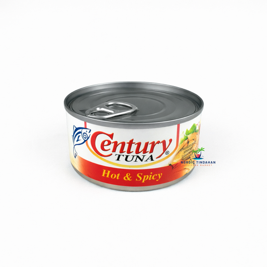 Century Tuna Hot & Spicy is a canned tuna product featuring tender tuna chunks in a bold, spicy sauce, packed in a metal can with an easy-open lid for convenient use.