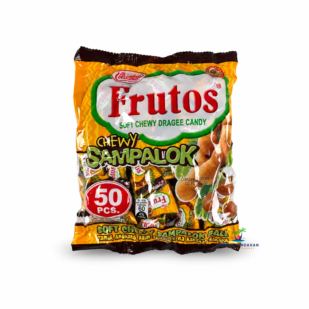 Enjoy Columbia Frutos Soft Chewy Sampalok Candy, a popular Filipino sweet made with the distinctive sweet, tangy and sour taste of sampalok (tamarind). This 165g bag contains 50 individually wrapped candies, perfect for sharing or enjoying as a fruity treat. Shop Filipino candies at Nordic Tindahan, your Filipino online store in Finland.