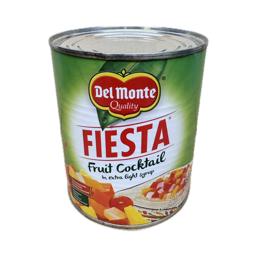 Can of DM Fiesta fruit cocktail, a colorful tropical fruit mix perfect for desserts.