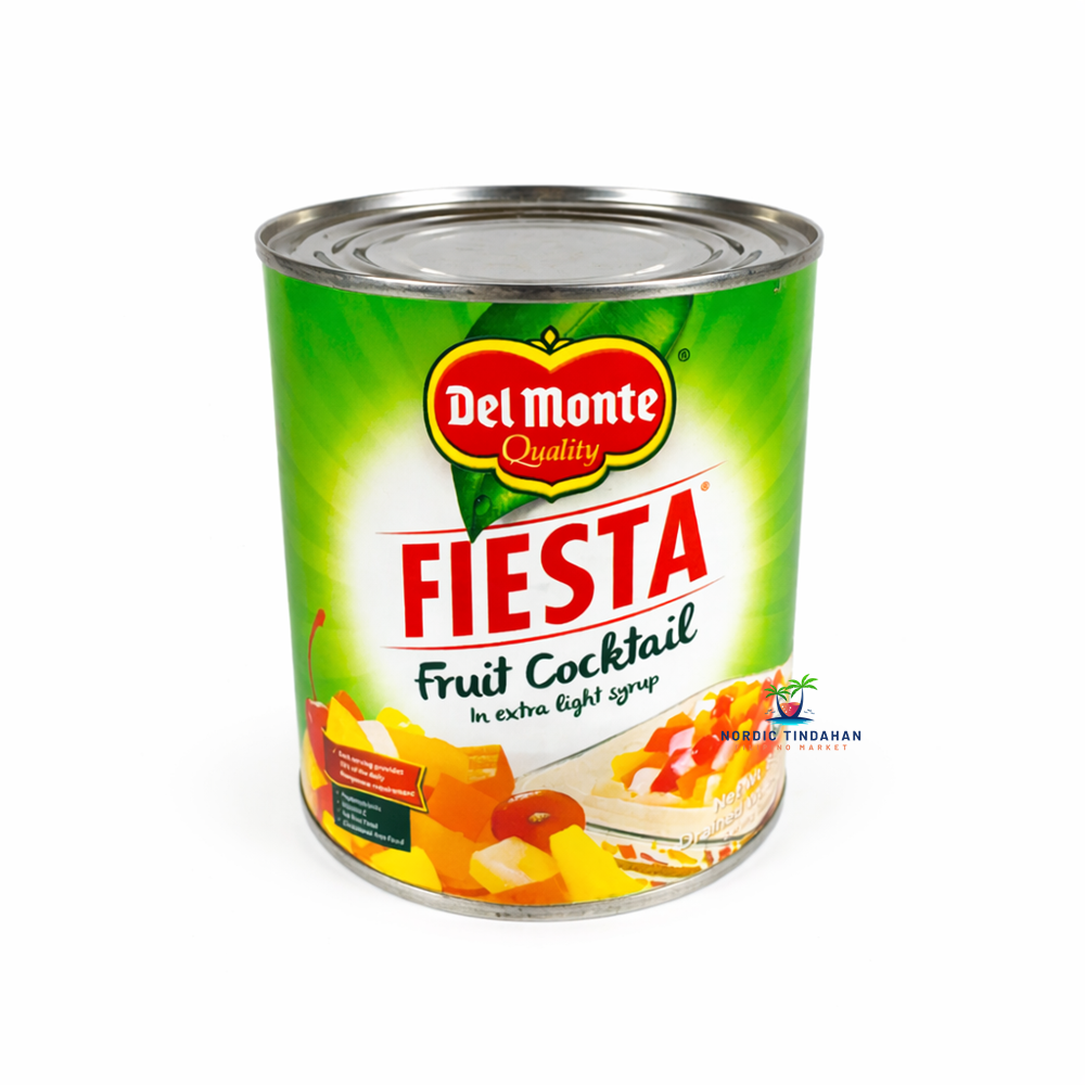 Can of DM Fiesta fruit cocktail, a colorful tropical fruit mix perfect for desserts.