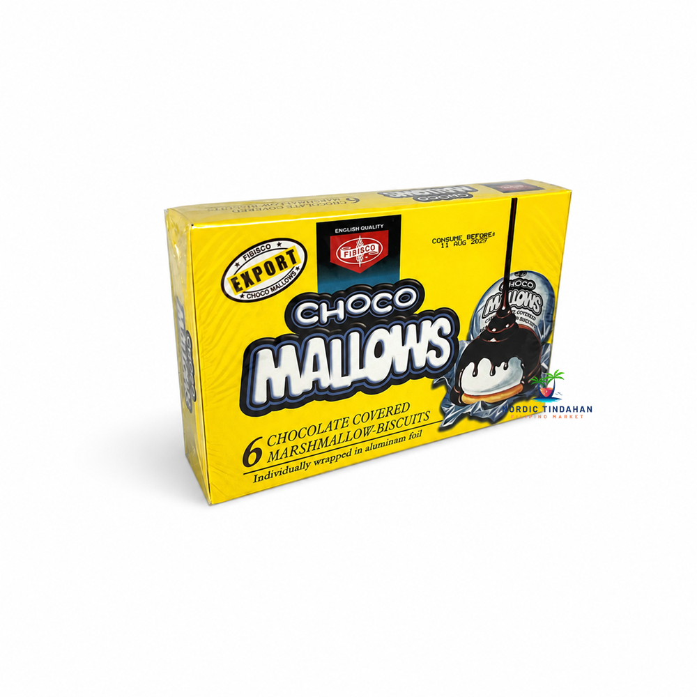 Fibisco Choco Mallows are delicious chocolate-covered marshmallow biscuits featuring a fluffy marshmallow center on a crisp biscuit base, coated in rich chocolate. Individually wrapped for freshness and convenience, they are perfect as a sweet snack, lunchbox treat, or dessert. A classic Filipino favorite enjoyed by all ages.