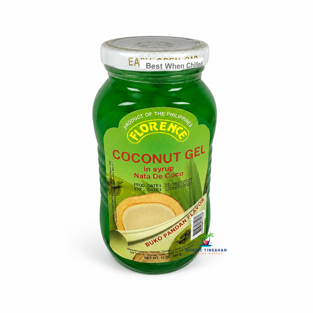 Florence Coconut Gel in Syrup Buko Pandan Flavor 340 g is a delicious Filipino nata de coco dessert ingredient with refreshing pandan and coconut flavor. The coconut gel cubes in sweet syrup are perfect for halo-halo, desserts, fruit salads, and refreshing beverages. Enjoy an authentic Filipino tropical flavor experience with every serving.