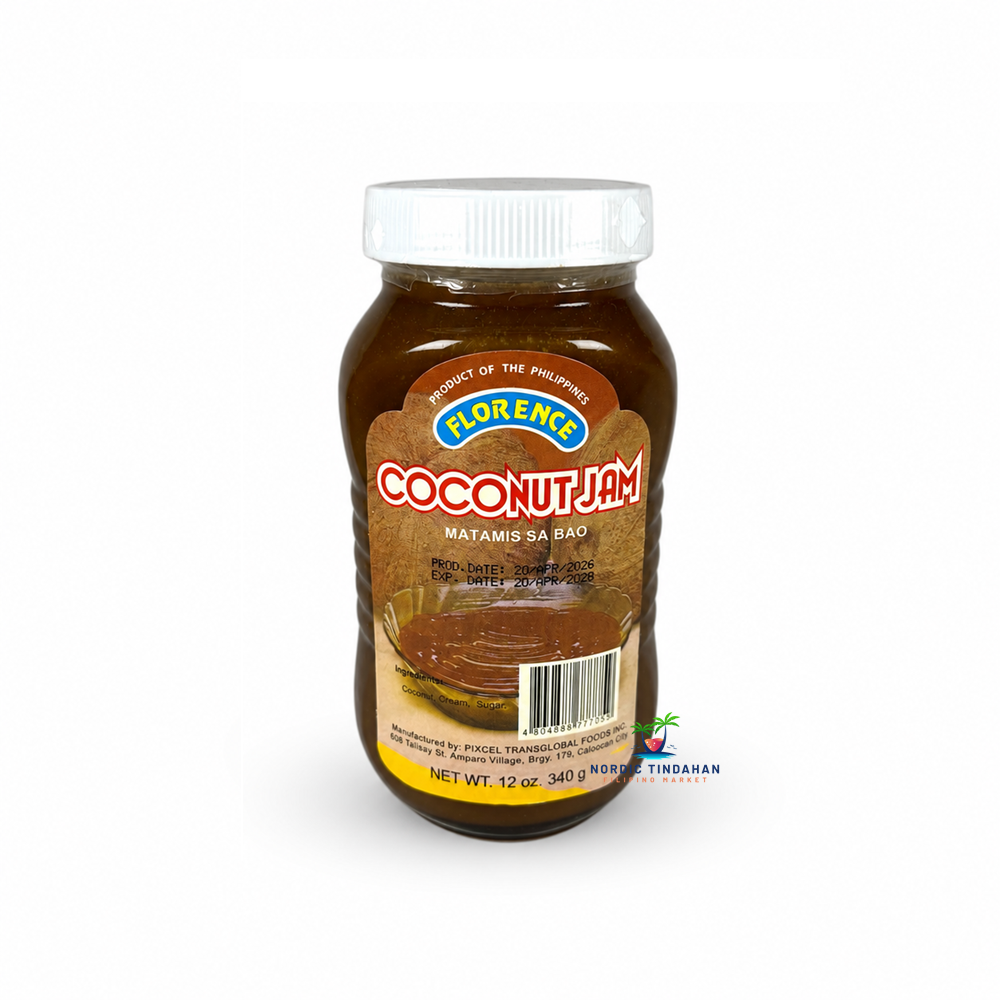 Florence Coconut Jam is a traditional Filipino coconut spread made with coconut cream and sugar. A deliciously sweet spread for bread, toast, desserts and other Filipino treats. Net weight 340g.