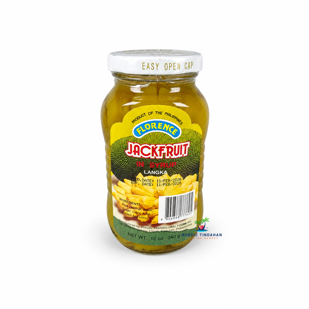 Florence Jackfruit in Syrup contains ripe jackfruit pieces preserved in a sweet syrup. This Filipino-style canned fruit is ready to enjoy as a dessert, snack, or ingredient in sweet dishes and traditional Filipino desserts. Conveniently packed in a 340 g jar.