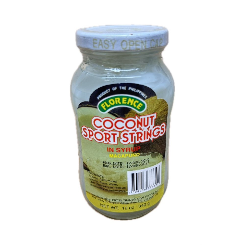 Jar of Florence macapuno, soft coconut sport strings in syrup, perfect for desserts.