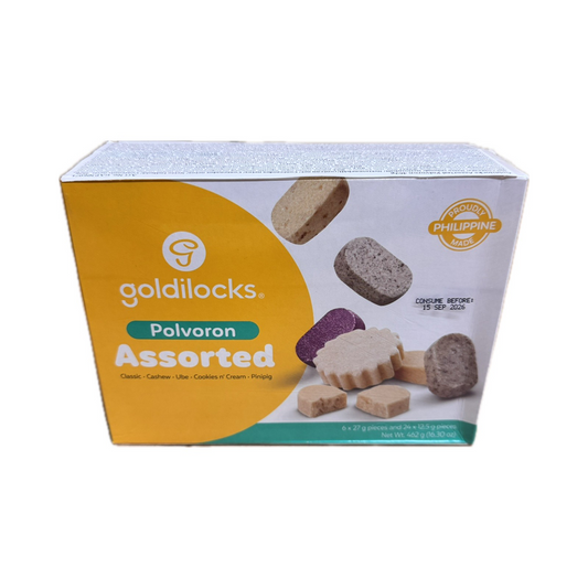 Box of Goldilocks assorted polvoron, traditional Filipino shortbread treats.